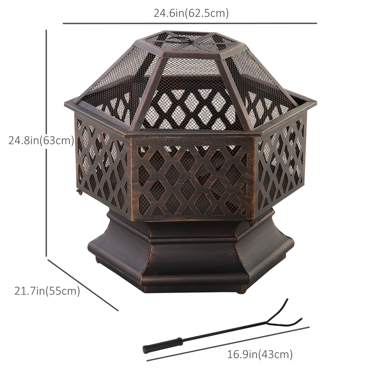 24.5" Outdoor Fire Pit with Mesh Lid, Portable Wood Burning Firebowl with Poker for Patio, Backyard, Bronze