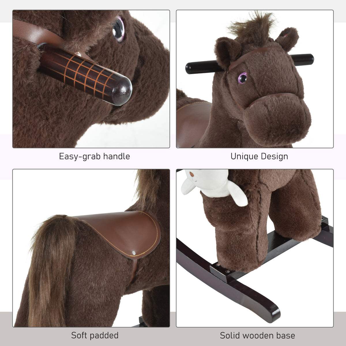 Qaba Kids Rocking Horse Plush Animal on Wooden Rockers with Sounds, Wooden Base and Bear Toy, Baby Rocking Chair