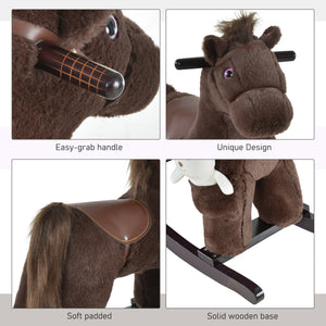 Qaba Kids Rocking Horse Plush Animal on Wooden Rockers with Sounds, Wooden Base and Bear Toy, Baby Rocking Chair
