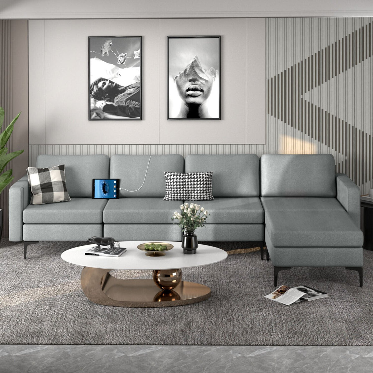 1/2/3/4-Seat Convertible Sectional Sofa with Reversible Ottoman-4-Seat L-shaped with 2 USB Ports view 3