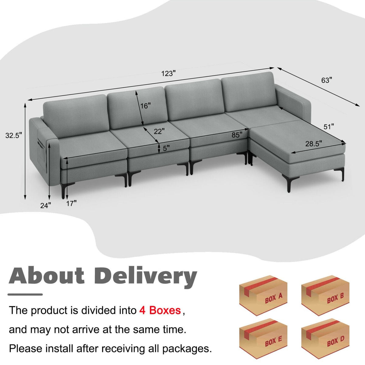 1/2/3/4-Seat Convertible Sectional Sofa with Reversible Ottoman-4-Seat L-shaped with 2 USB Ports view 5