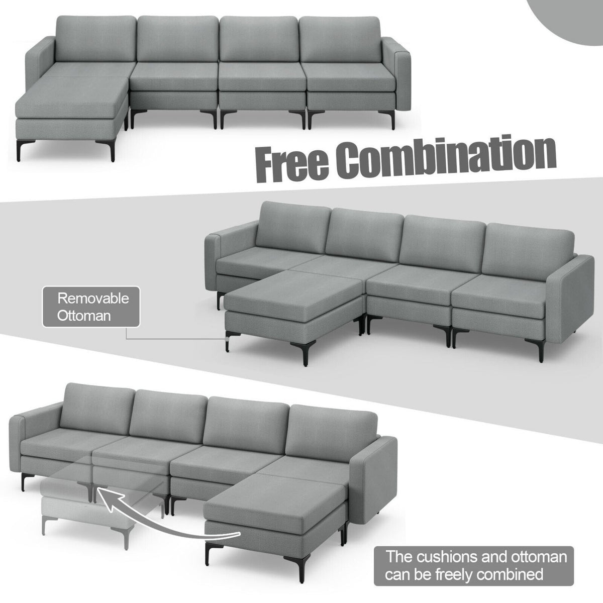 1/2/3/4-Seat Convertible Sectional Sofa with Reversible Ottoman-4-Seat L-shaped with 2 USB Ports view 7