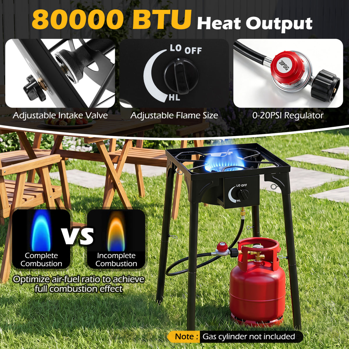 1 Burner Propane Stove 80000 BTU with Adjustable Regulator and Hose for Camping BBQ-Black view 8