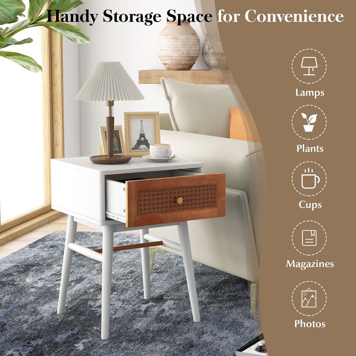 1-Drawer Modern Bedside Table with Solid Wood Legs-White view 6
