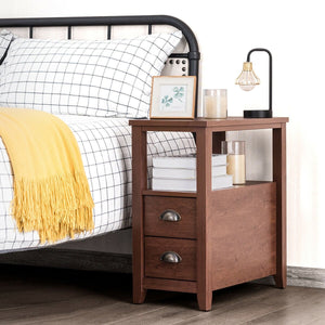 1 Piece End Table Wooden with 2 Drawers and Shelf Bedside Table-Brown view 2