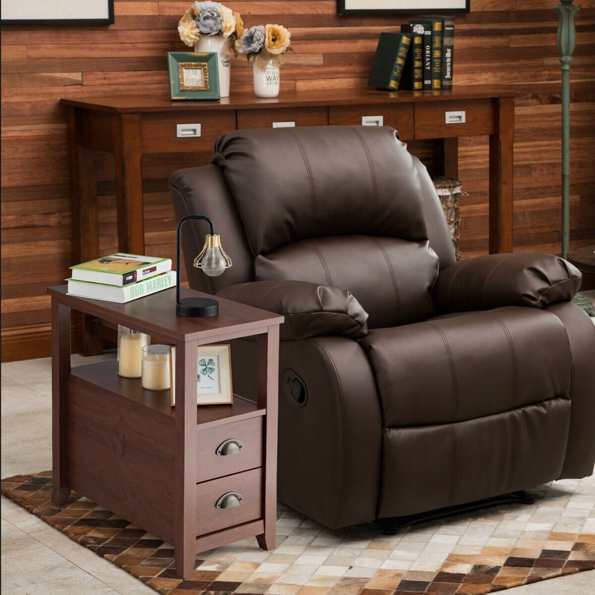 1 Piece End Table Wooden with 2 Drawers and Shelf Bedside Table-Brown view 3