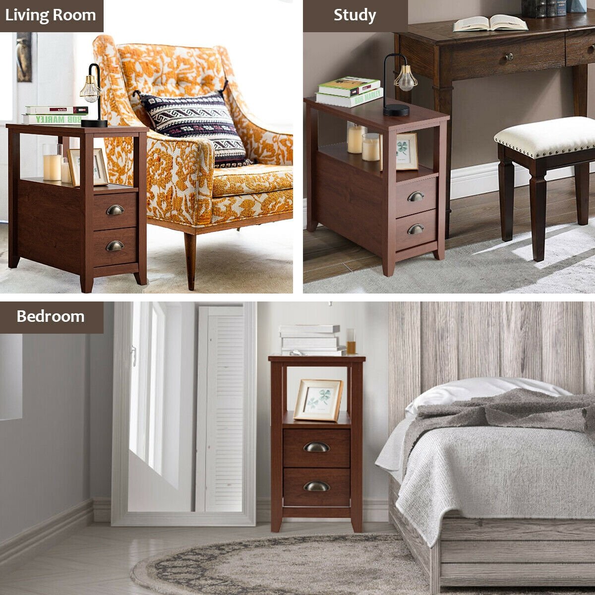 1 Piece End Table Wooden with 2 Drawers and Shelf Bedside Table-Brown view 9
