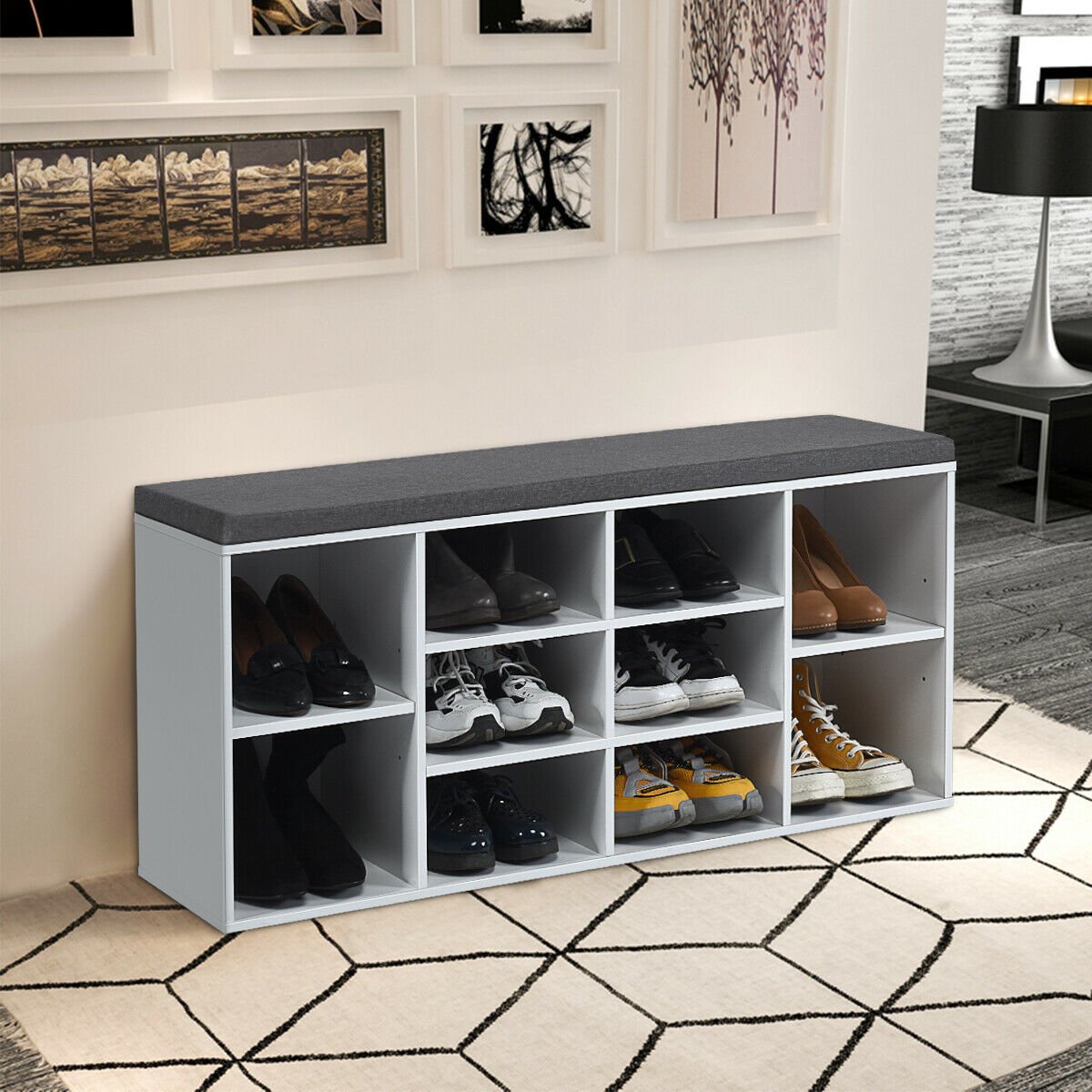 10-Cube Organizer, Entryway Padded Shoe Storage Bench-White view 2