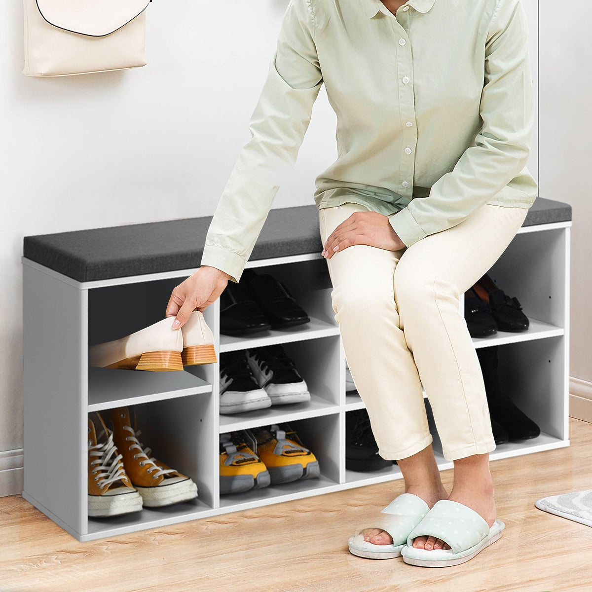 10-Cube Organizer, Entryway Padded Shoe Storage Bench-White view 3