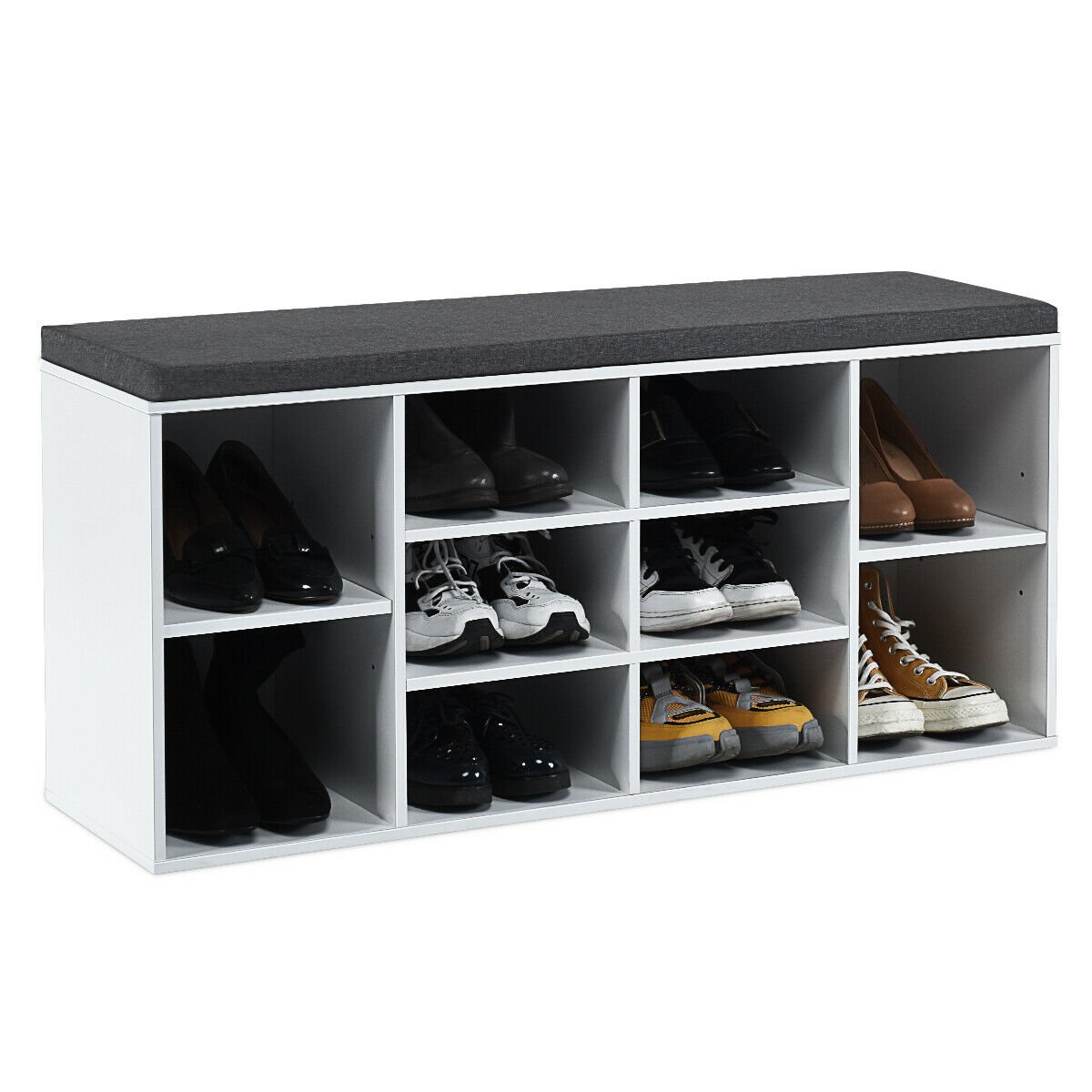 10-Cube Organizer, Entryway Padded Shoe Storage Bench-White view 4