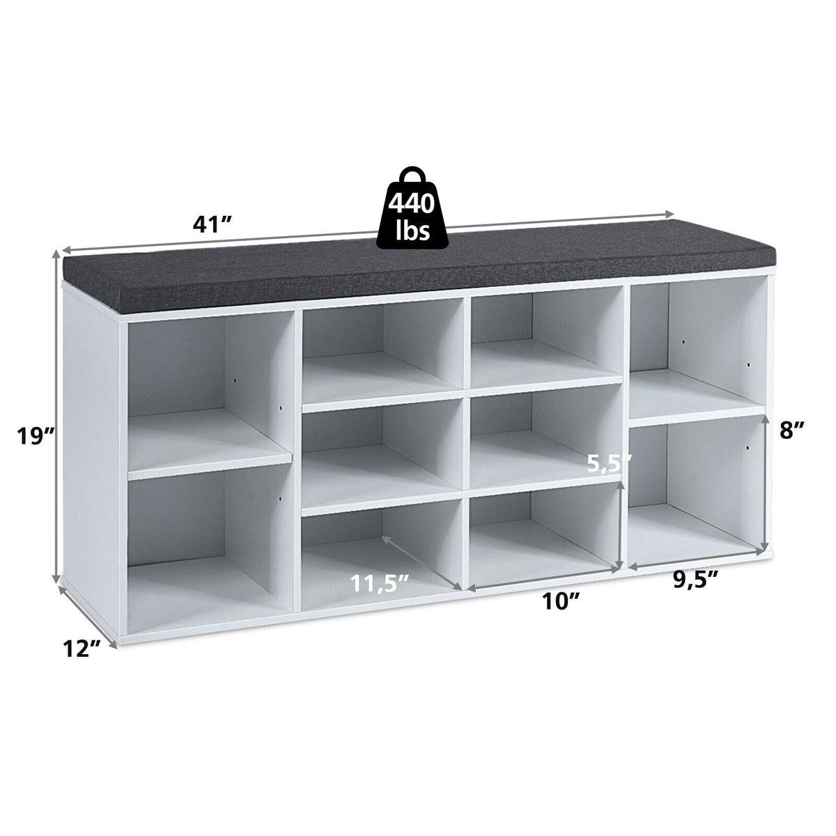 10-Cube Organizer, Entryway Padded Shoe Storage Bench-White view 5