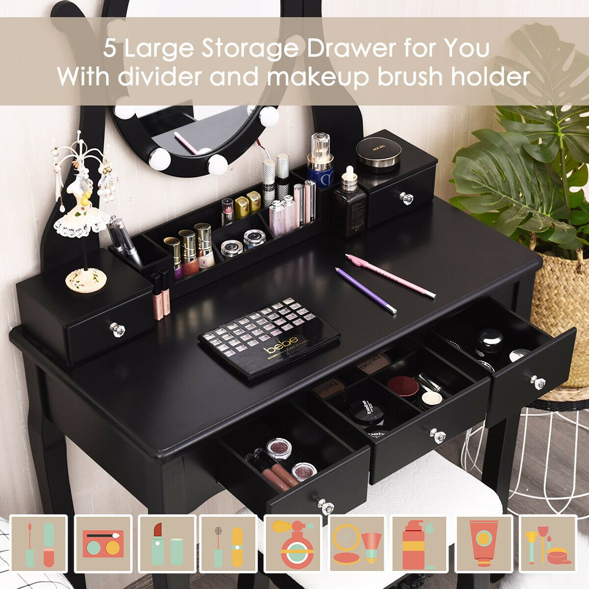 10 Dimmable Lights Vanity Table Set with Lighted Mirror and Cushioned Stool-Black view 3