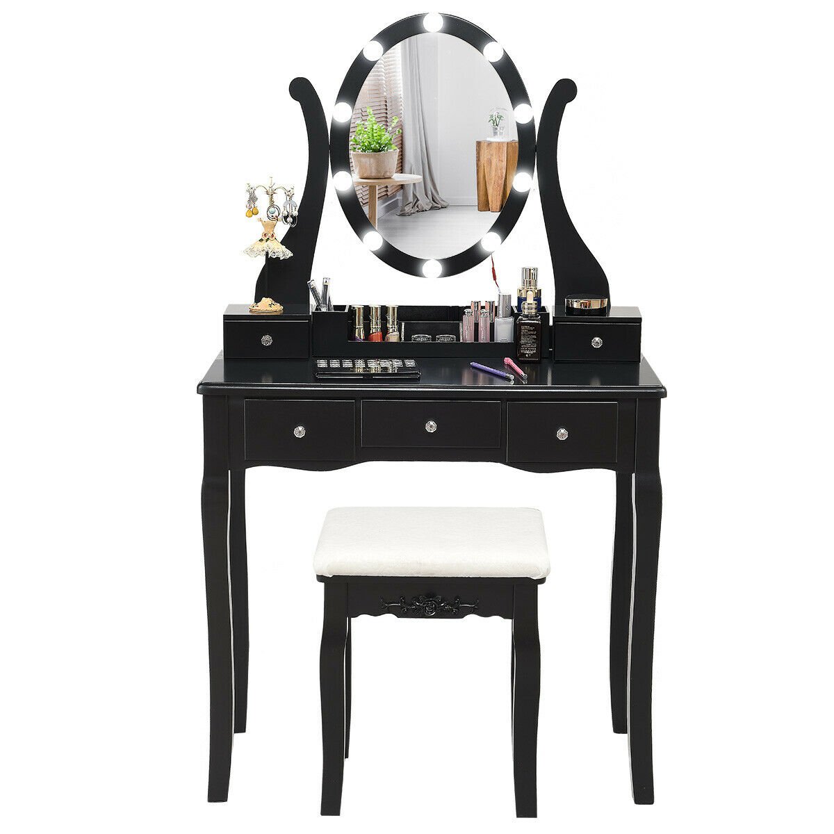 10 Dimmable Lights Vanity Table Set with Lighted Mirror and Cushioned Stool-Black view 4