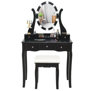 10 Dimmable Lights Vanity Table Set with Lighted Mirror and Cushioned Stool-Black view 4