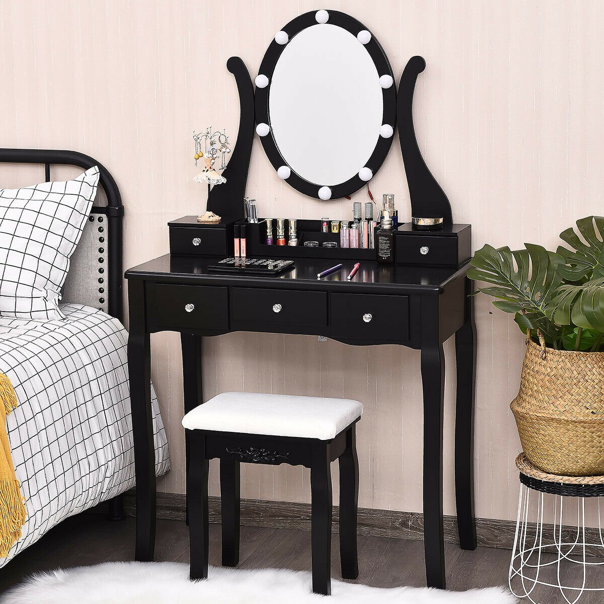 10 Dimmable Lights Vanity Table Set with Lighted Mirror and Cushioned Stool-Black view 6