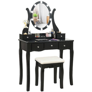 10 Dimmable Lights Vanity Table Set with Lighted Mirror and Cushioned Stool-Black view 7