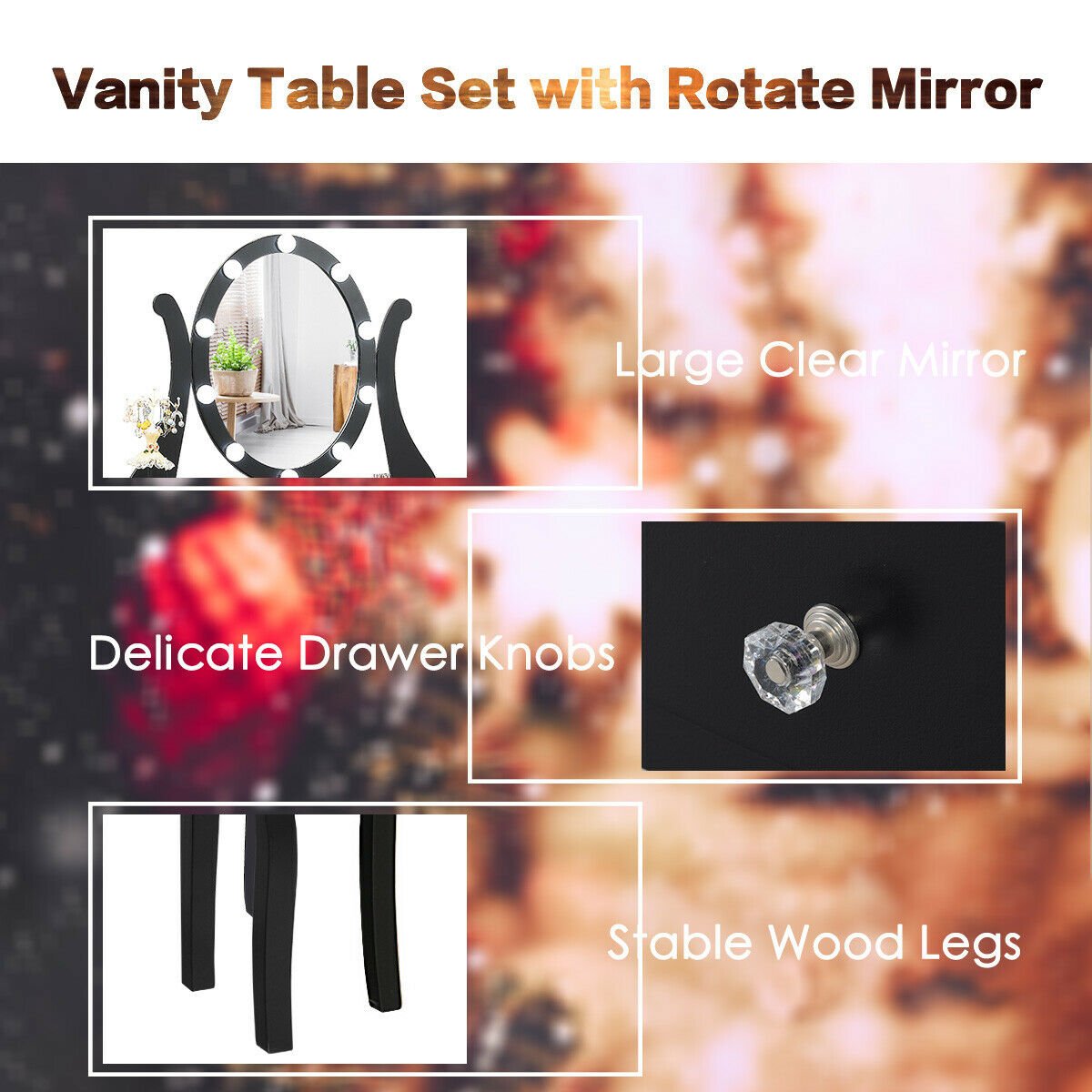 10 Dimmable Lights Vanity Table Set with Lighted Mirror and Cushioned Stool-Black view 9