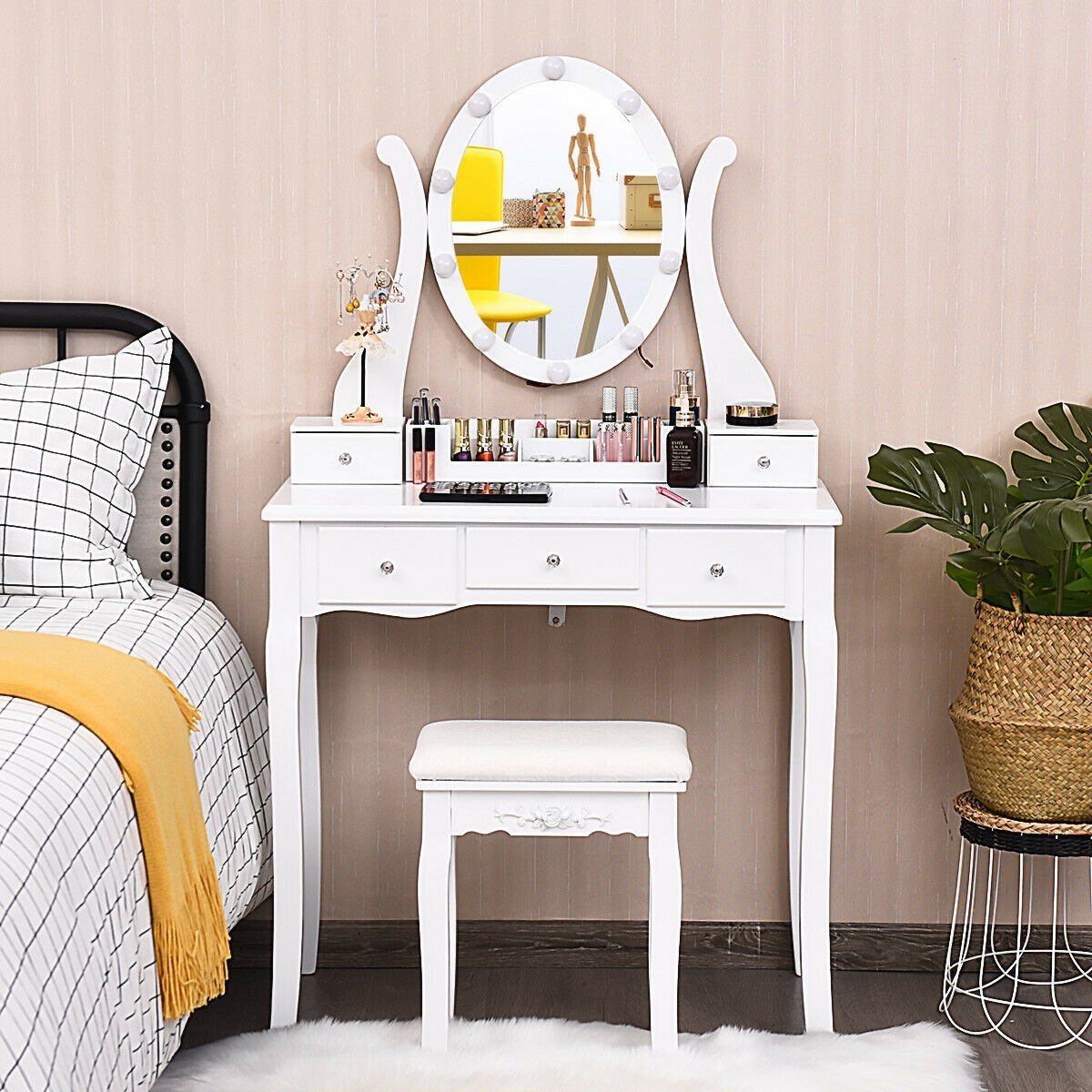 10 Dimmable Lights Vanity Table Set with Lighted Mirror and Cushioned Stool-White view 2