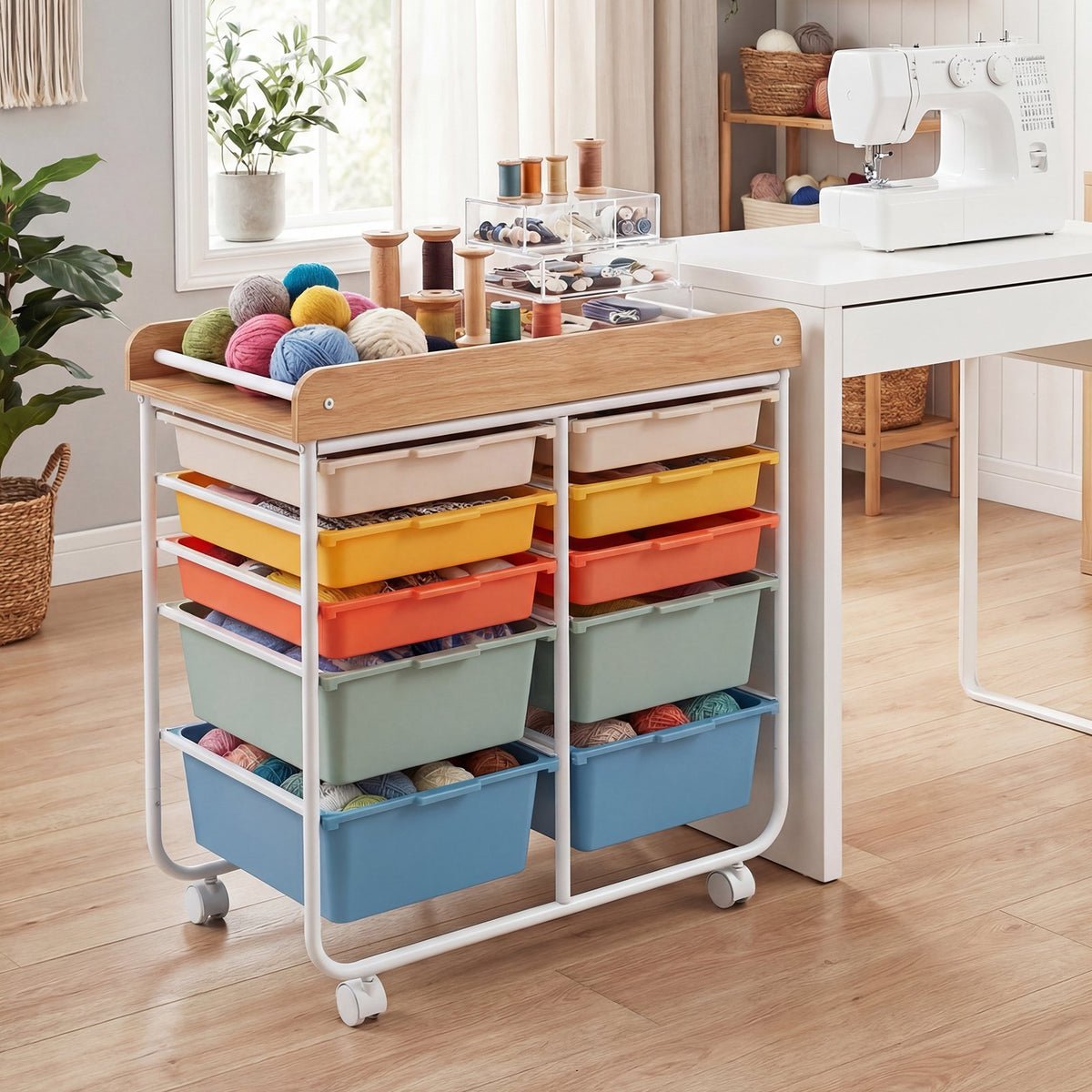 10-Drawer Rolling Cart with Wooden Tabletop and Lockable Wheels for Office-Macaron view 2