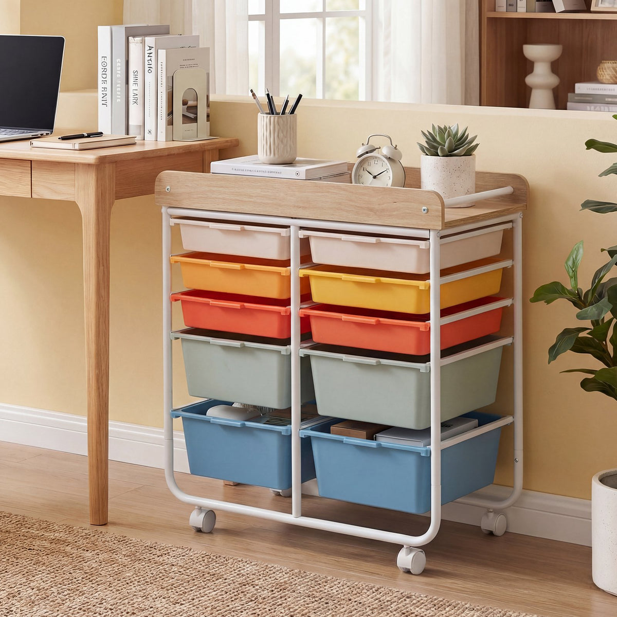 10-Drawer Rolling Cart with Wooden Tabletop and Lockable Wheels for Office-Macaron view 3