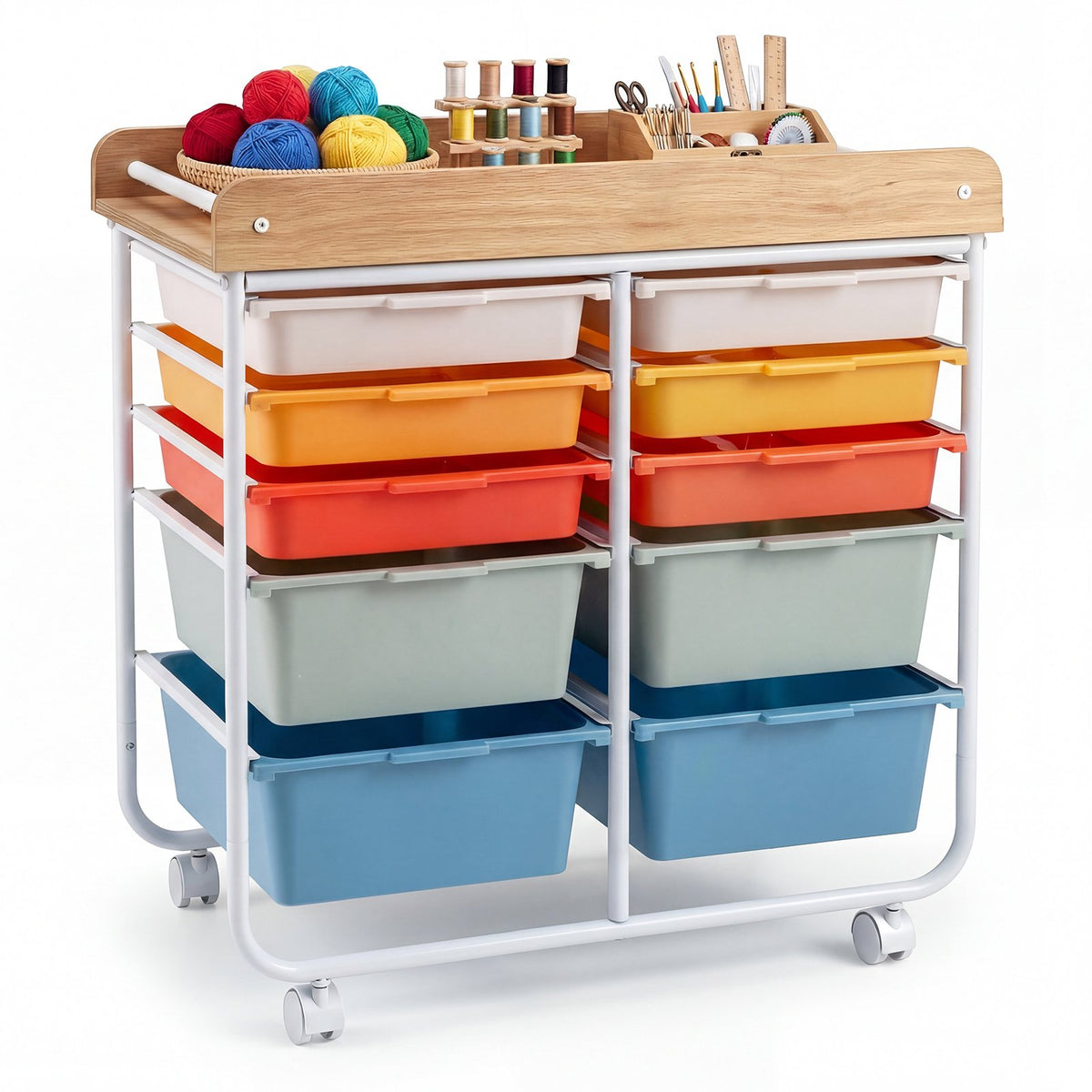 10-Drawer Rolling Cart with Wooden Tabletop and Lockable Wheels for Office-Macaron view 4