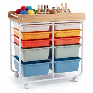 10-Drawer Rolling Cart with Wooden Tabletop and Lockable Wheels for Office-Macaron view 4