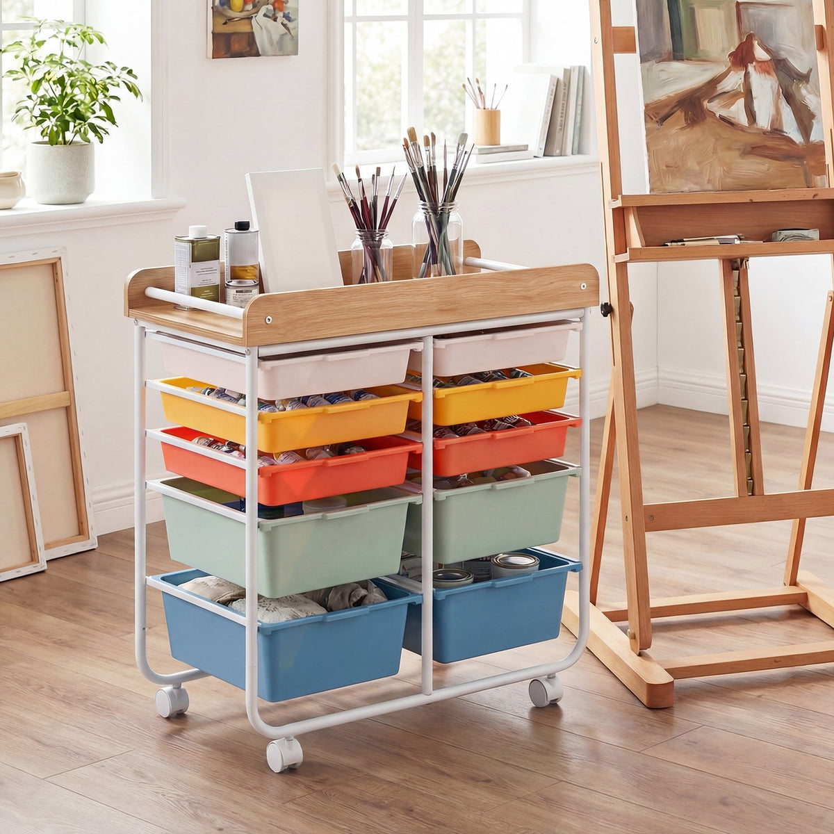 10-Drawer Rolling Cart with Wooden Tabletop and Lockable Wheels for Office-Macaron view 6