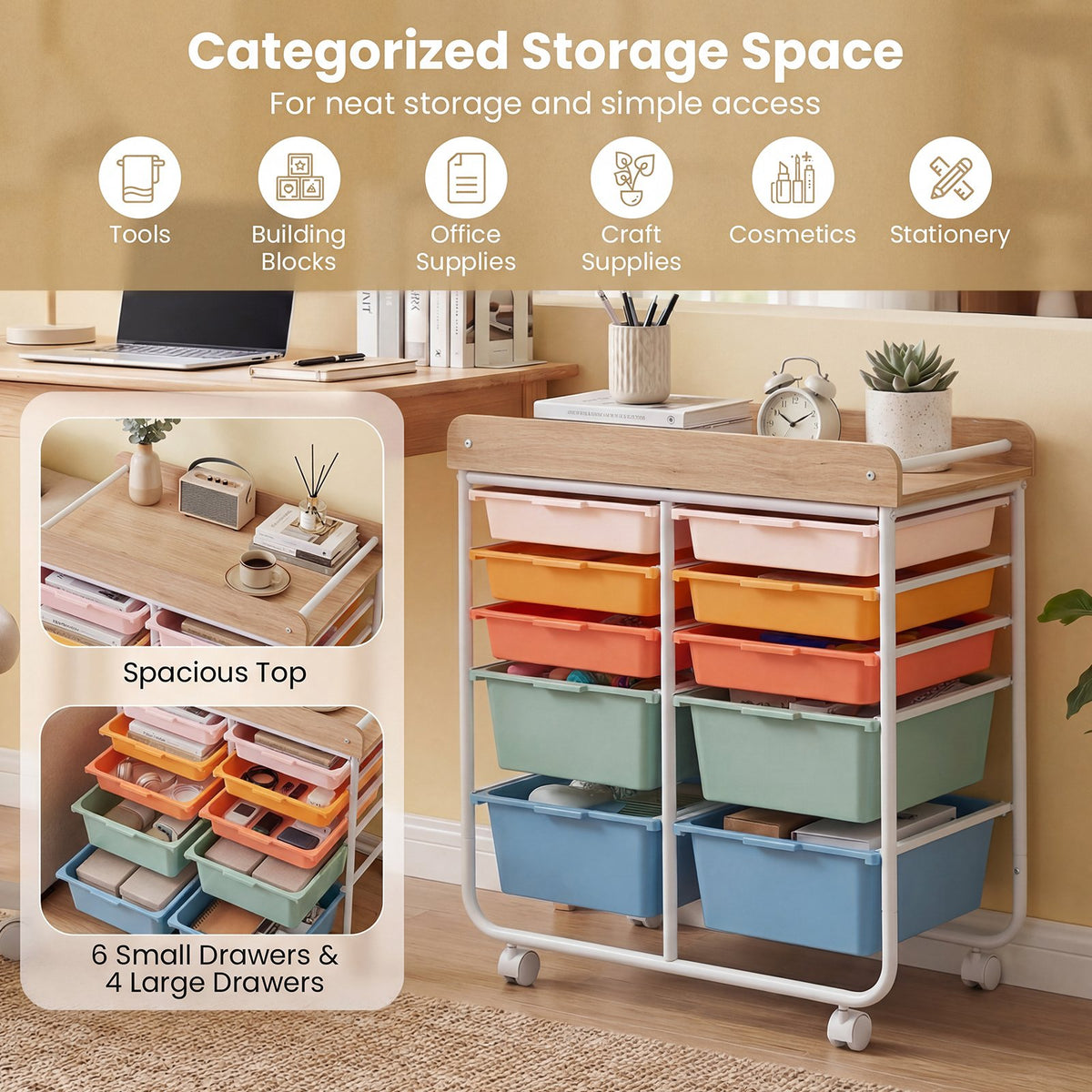 10-Drawer Rolling Cart with Wooden Tabletop and Lockable Wheels for Office-Macaron view 8