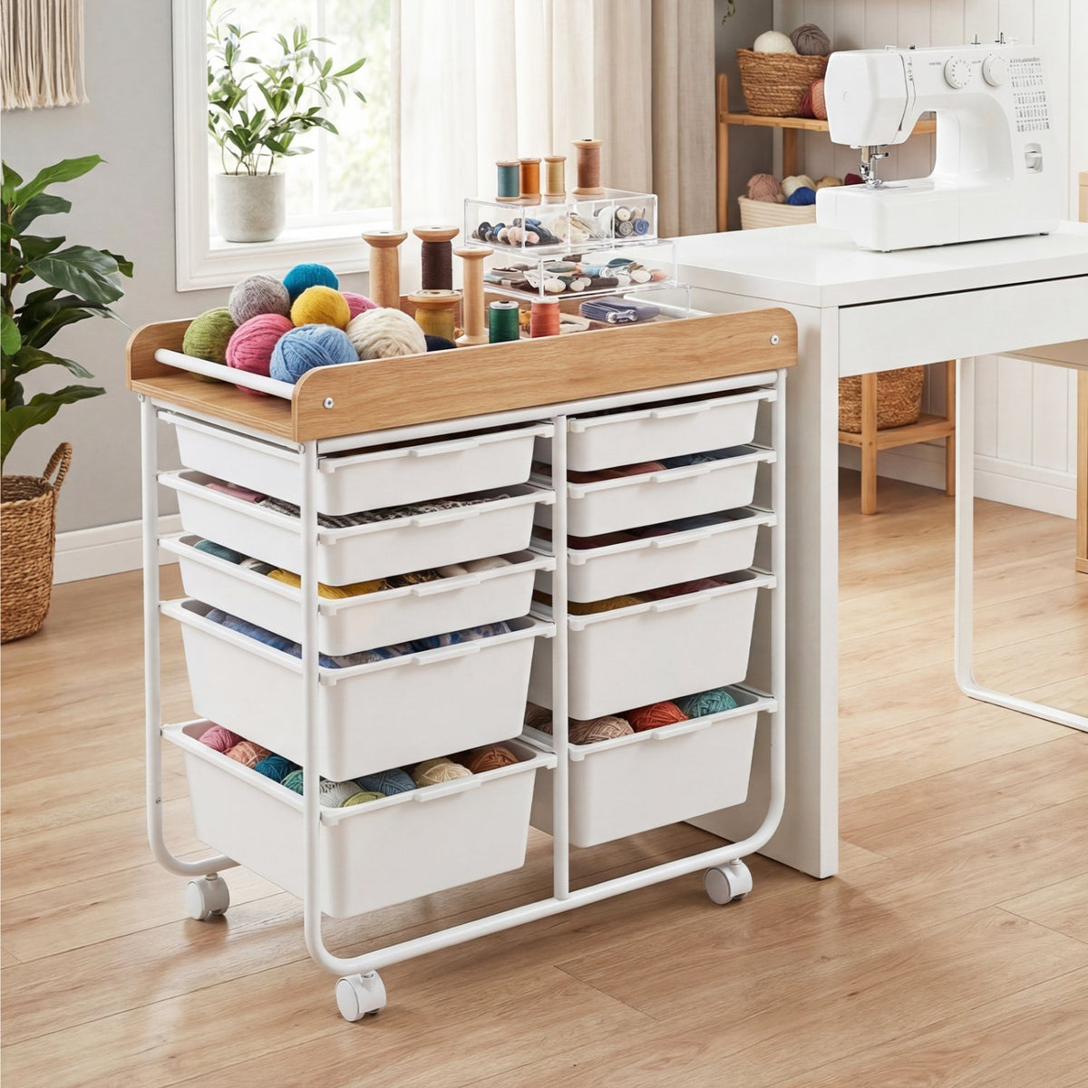 10-Drawer Rolling Cart with Wooden Tabletop and Lockable Wheels for Office-White view 2