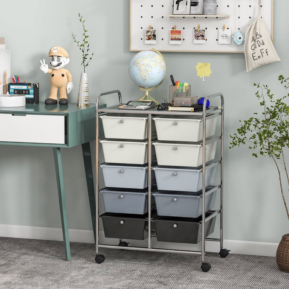 10-Drawer Rolling Storage Cart-Beige & Gray view 2