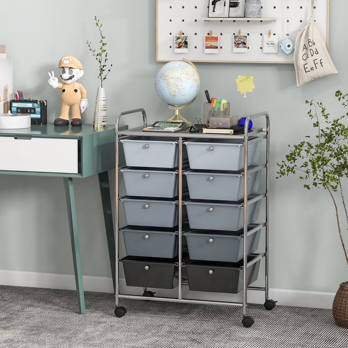 10-Drawer Rolling Storage Cart-Gray view 2
