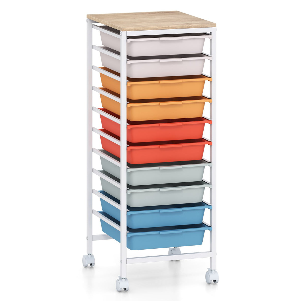 10-Drawer Rolling Storage Cart Mobile Utility Organizer with Wooden Tabletop and Lockable Wheels-Macaron