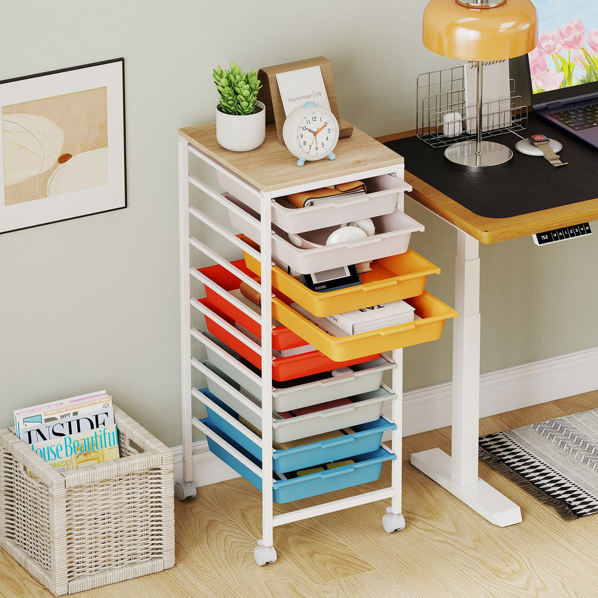 10-Drawer Rolling Storage Cart Mobile Utility Organizer with Wooden Tabletop and Lockable Wheels-Macaron view 2