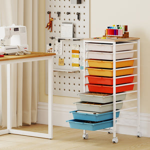 10-Drawer Rolling Storage Cart Mobile Utility Organizer with Wooden Tabletop and Lockable Wheels-Macaron view 3