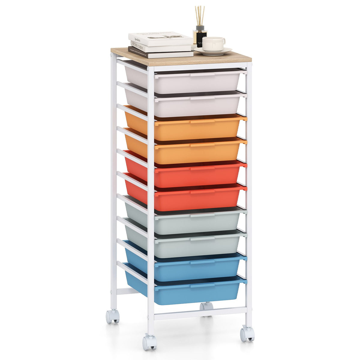 10-Drawer Rolling Storage Cart Mobile Utility Organizer with Wooden Tabletop and Lockable Wheels-Macaron view 4