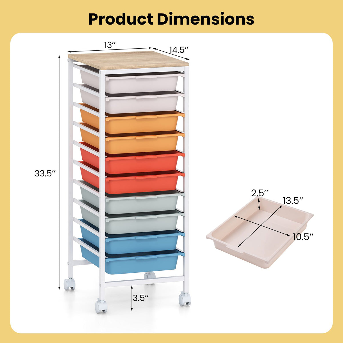 10-Drawer Rolling Storage Cart Mobile Utility Organizer with Wooden Tabletop and Lockable Wheels-Macaron view 5
