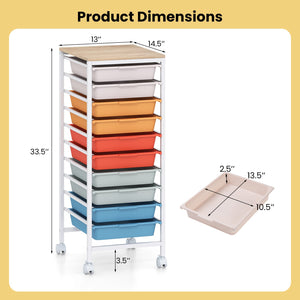 10-Drawer Rolling Storage Cart Mobile Utility Organizer with Wooden Tabletop and Lockable Wheels-Macaron view 5