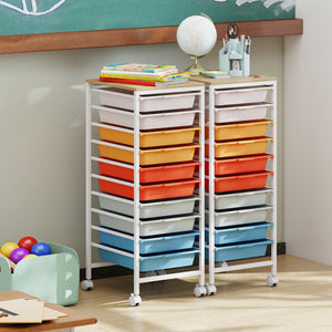 10-Drawer Rolling Storage Cart Mobile Utility Organizer with Wooden Tabletop and Lockable Wheels-Macaron view 6