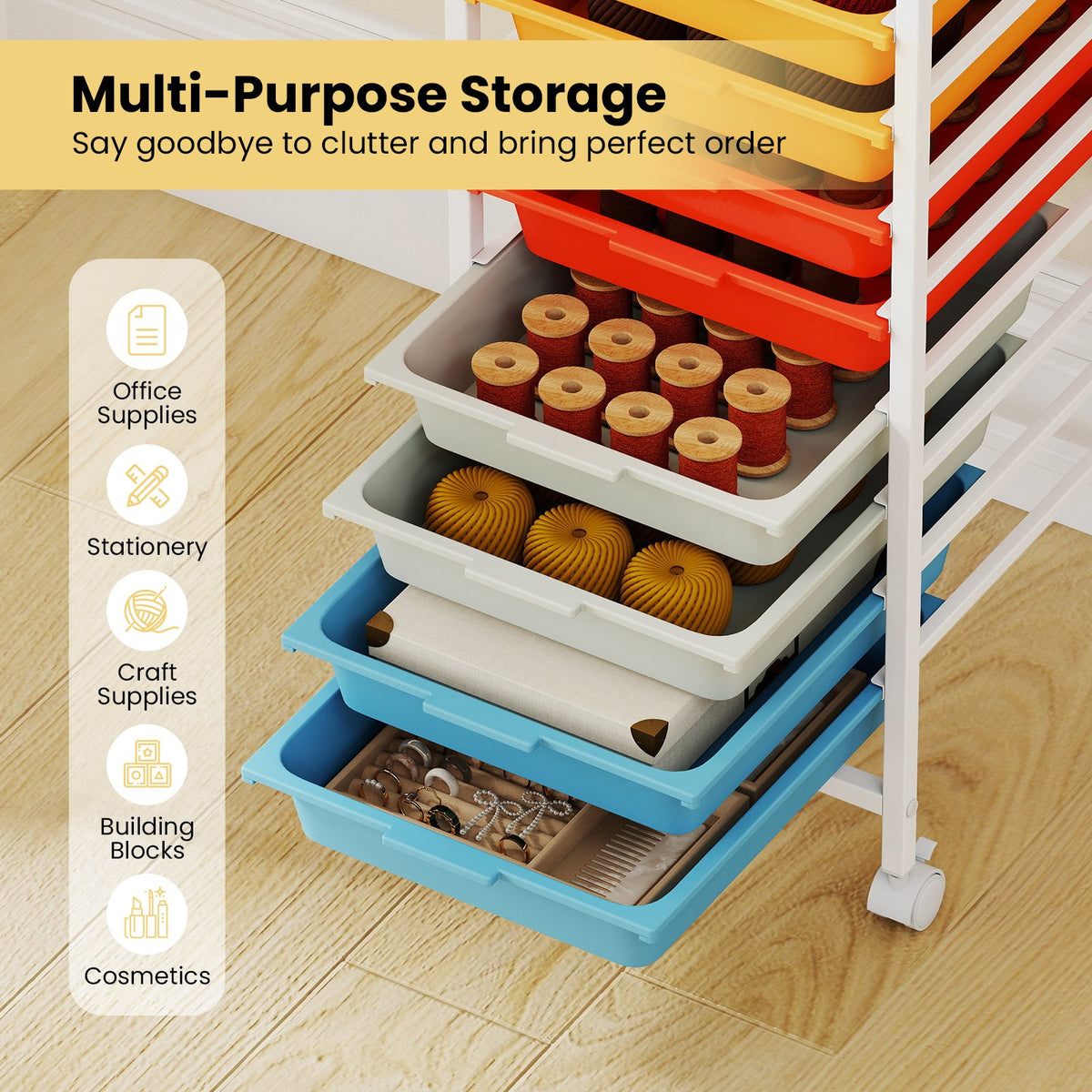 10-Drawer Rolling Storage Cart Mobile Utility Organizer with Wooden Tabletop and Lockable Wheels-Macaron view 8
