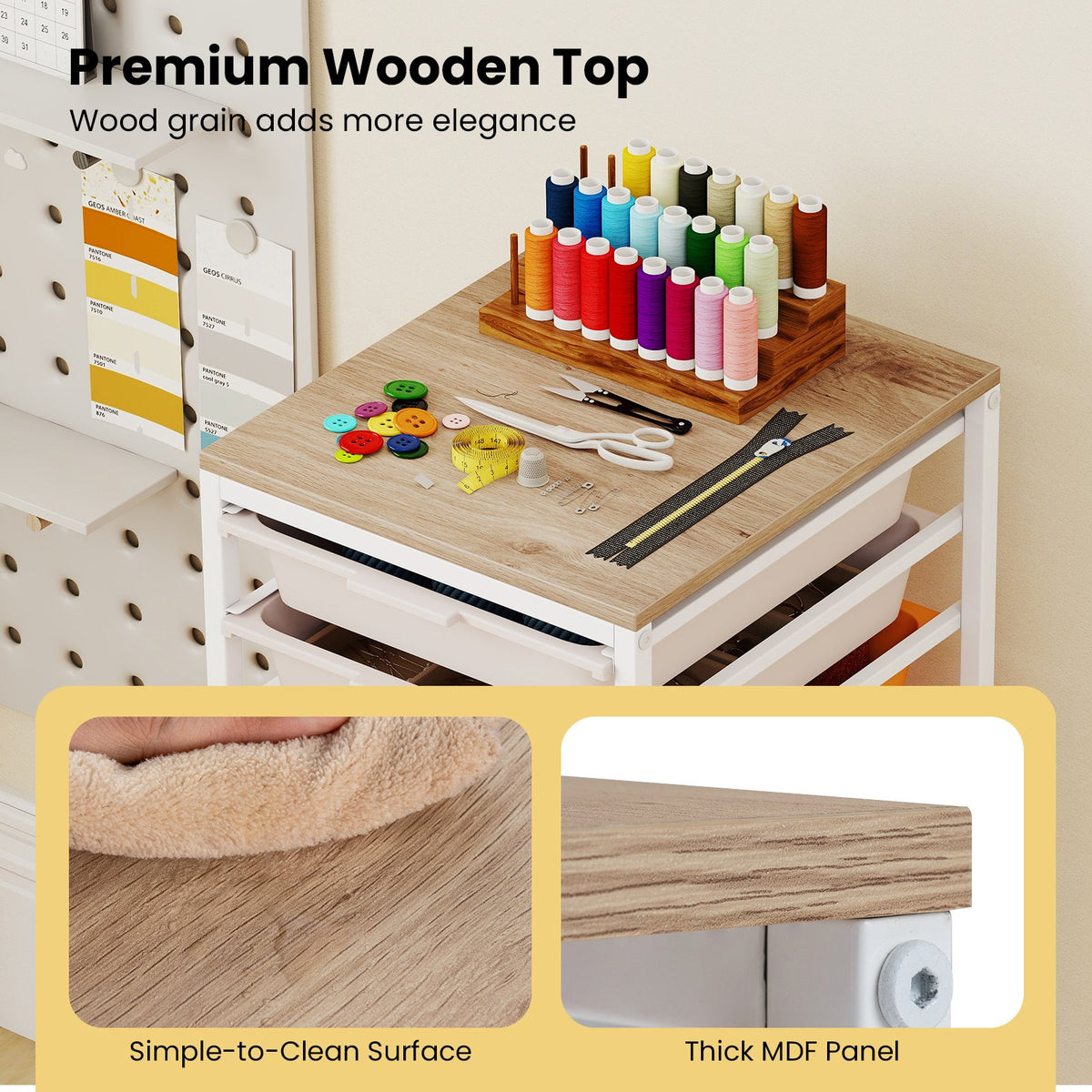 10-Drawer Rolling Storage Cart Mobile Utility Organizer with Wooden Tabletop and Lockable Wheels-Macaron view 9