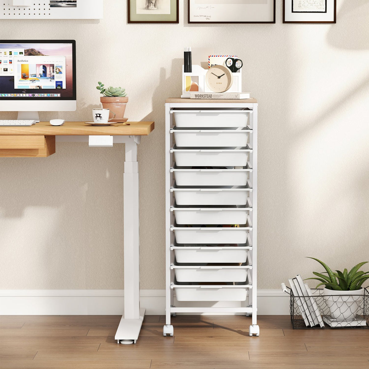 10-Drawer Rolling Storage Cart Mobile Utility Organizer with Wooden Tabletop and Lockable Wheels-White view 2