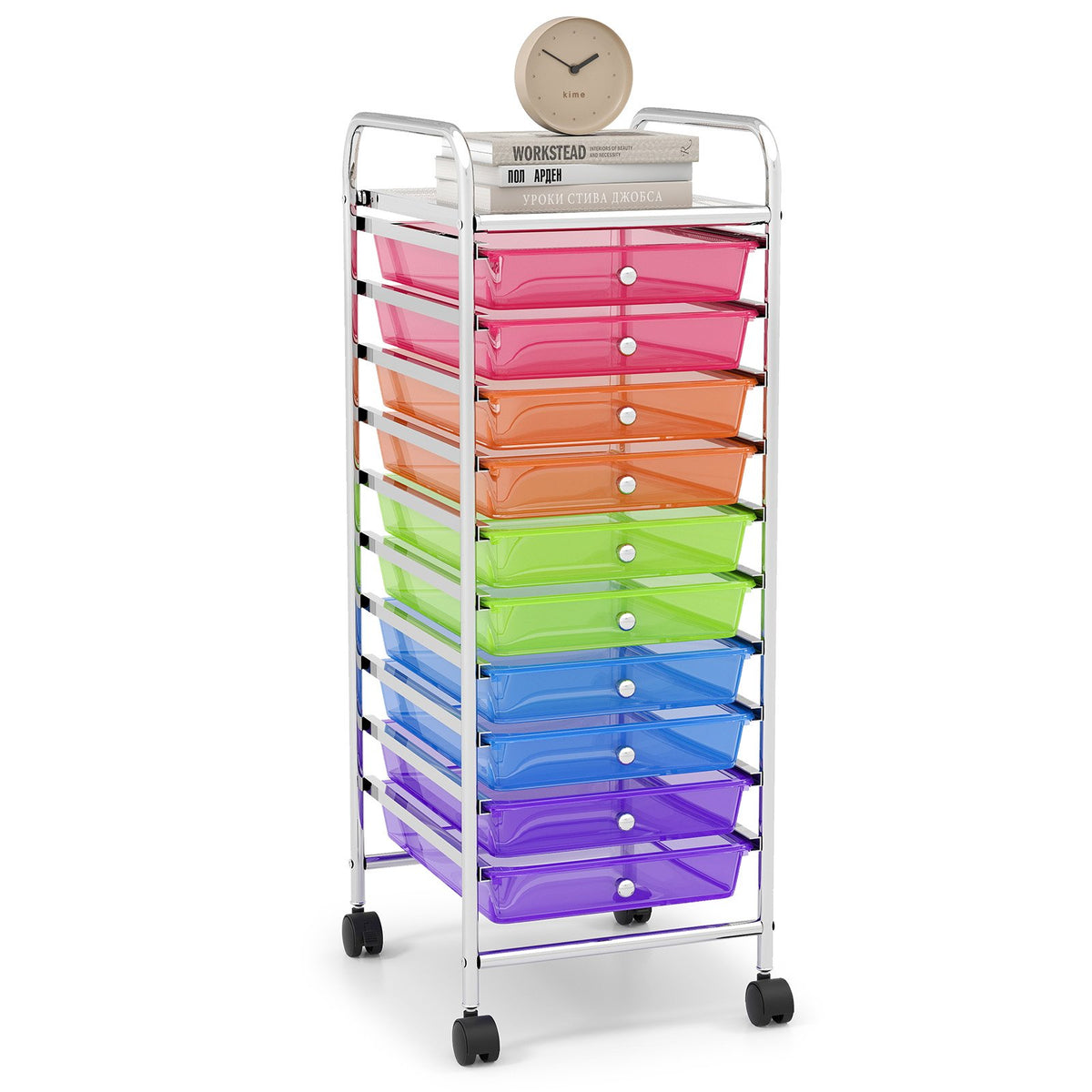10 Drawer Rolling Storage Cart Organizer with 4 Universal Casters-Transparent Multicolor