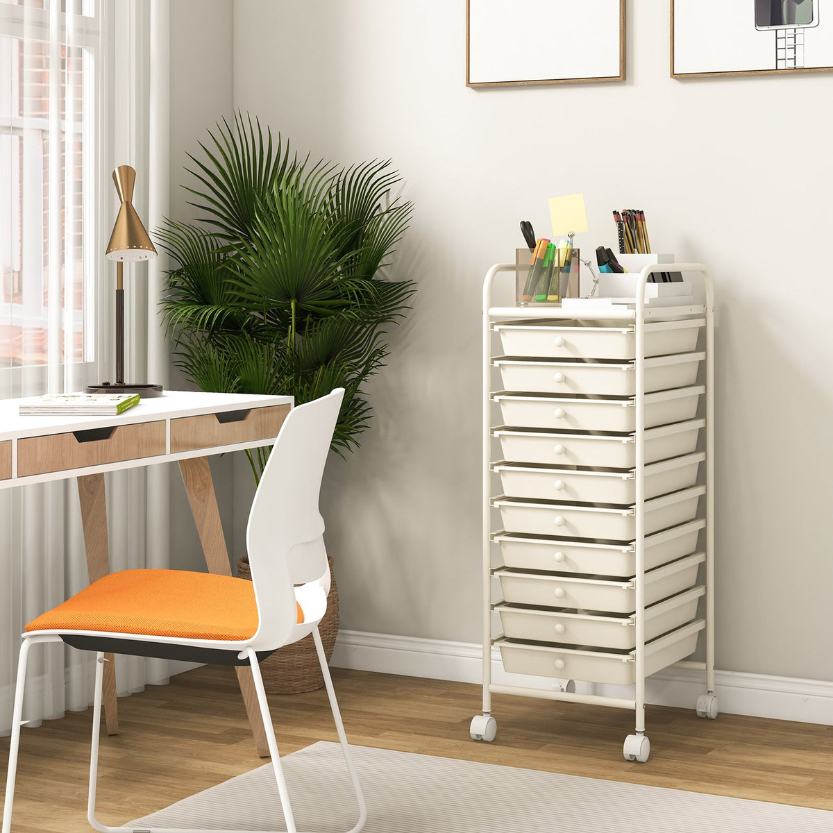10 Drawer Rolling Storage Cart Organizer with 4 Universal Casters-White view 2