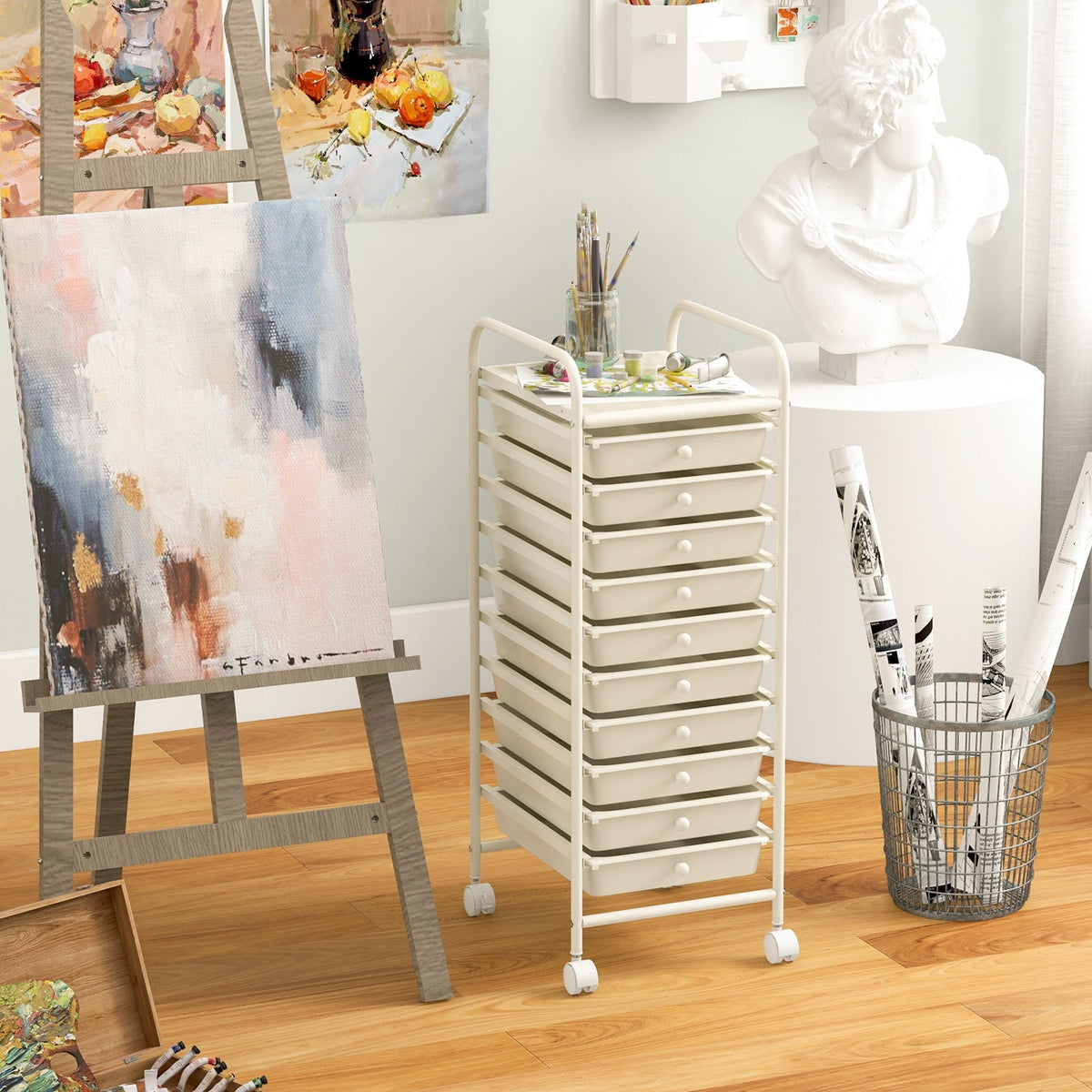 10 Drawer Rolling Storage Cart Organizer with 4 Universal Casters-White view 3