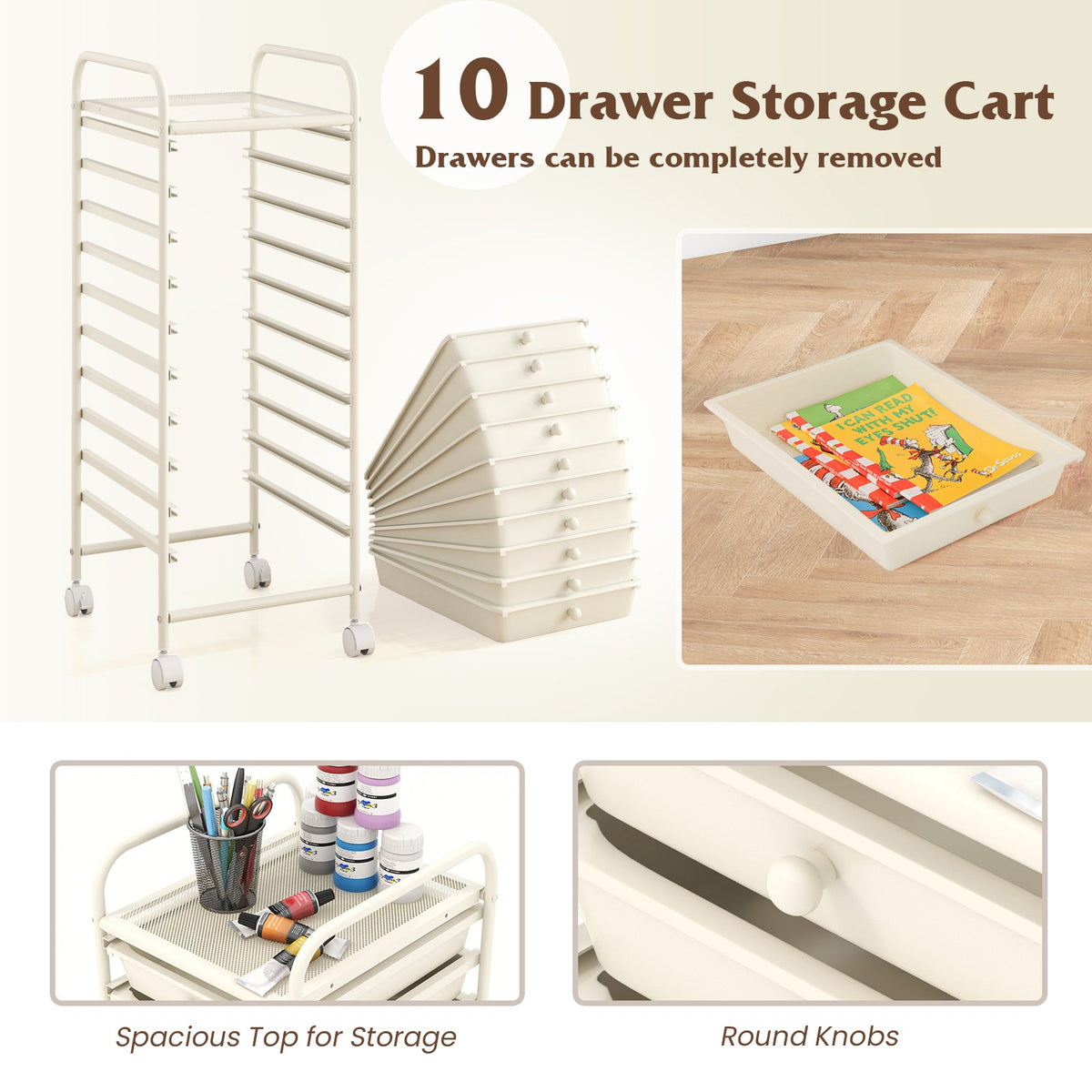 10 Drawer Rolling Storage Cart Organizer with 4 Universal Casters-White view 7