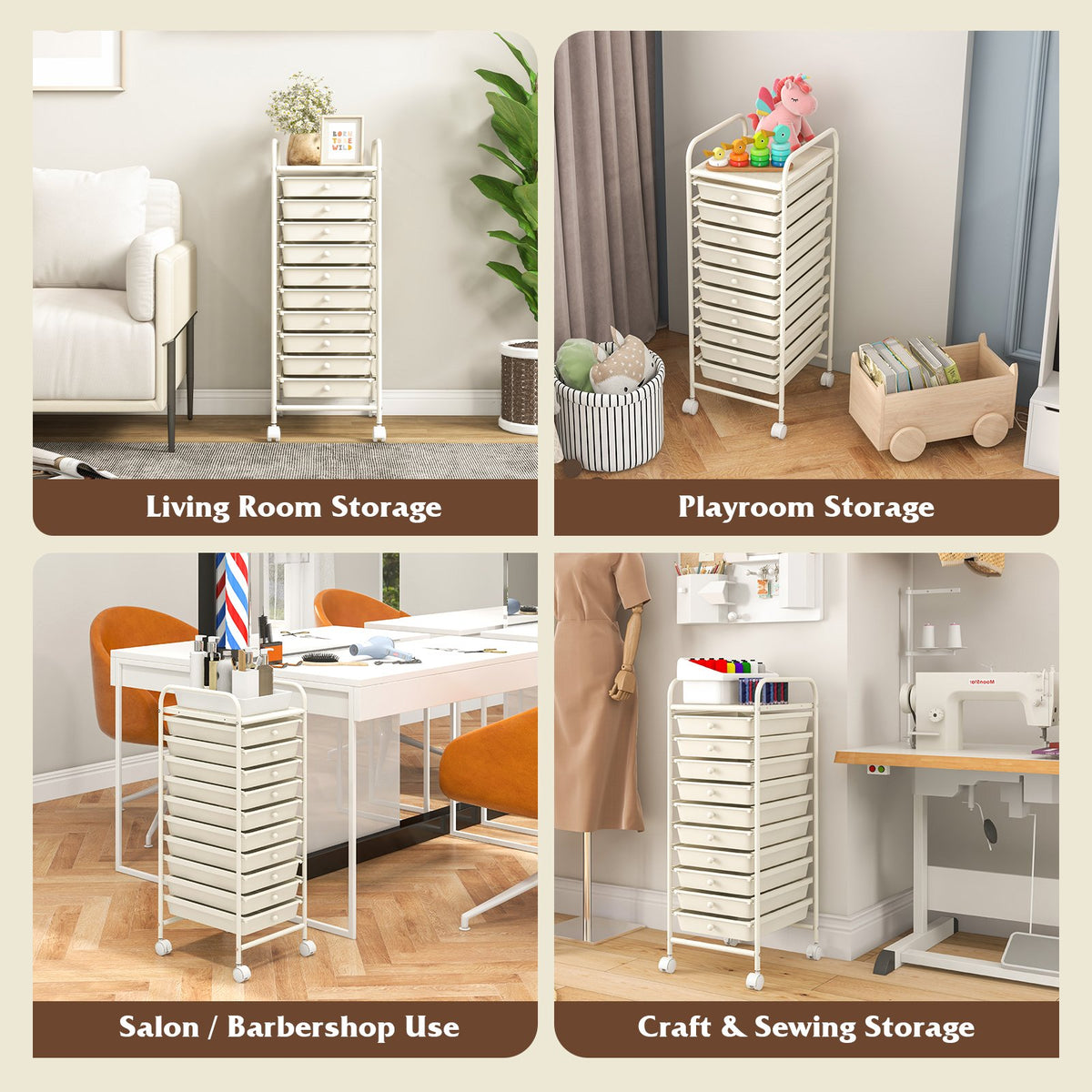 10 Drawer Rolling Storage Cart Organizer with 4 Universal Casters-White view 8