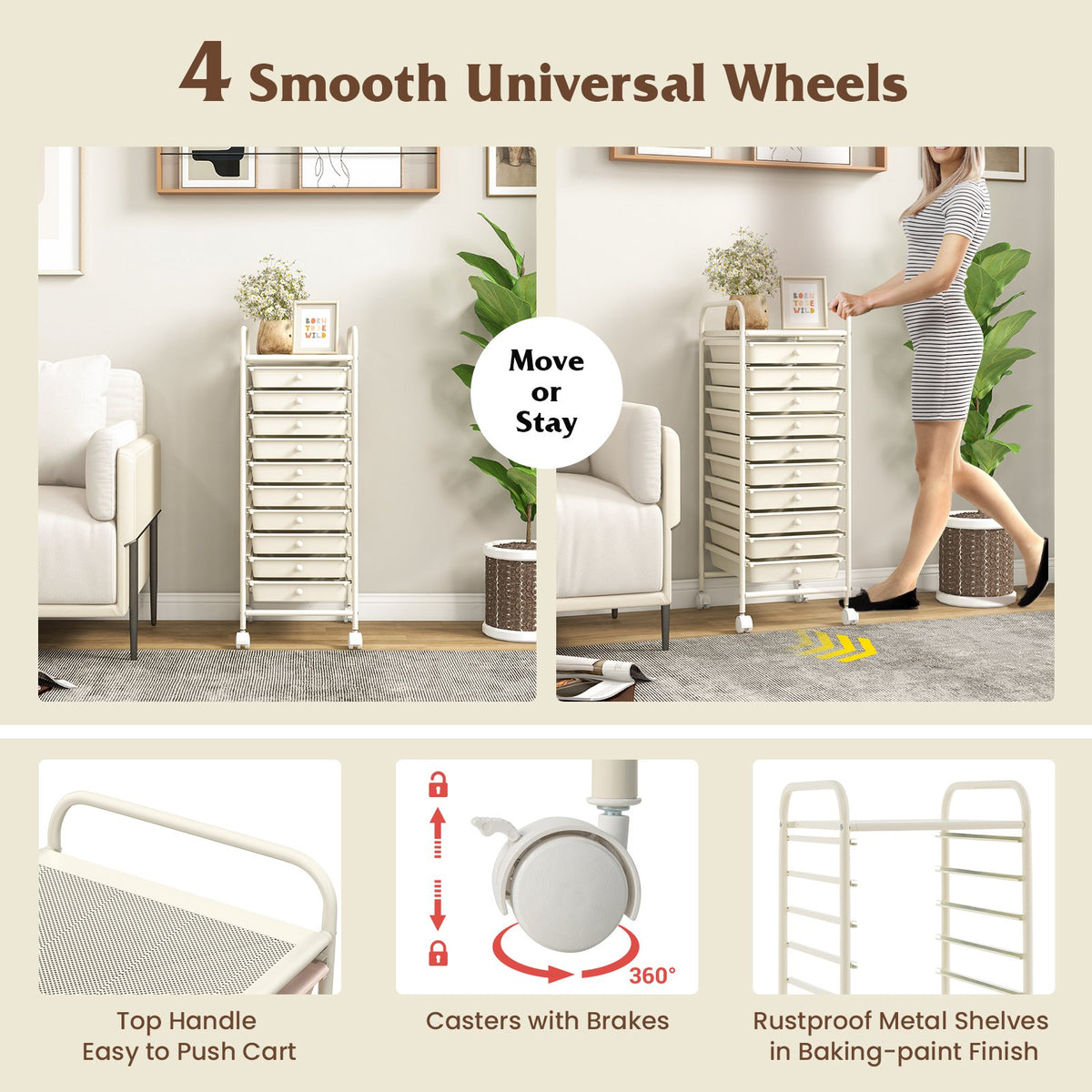 10 Drawer Rolling Storage Cart Organizer with 4 Universal Casters-White view 9