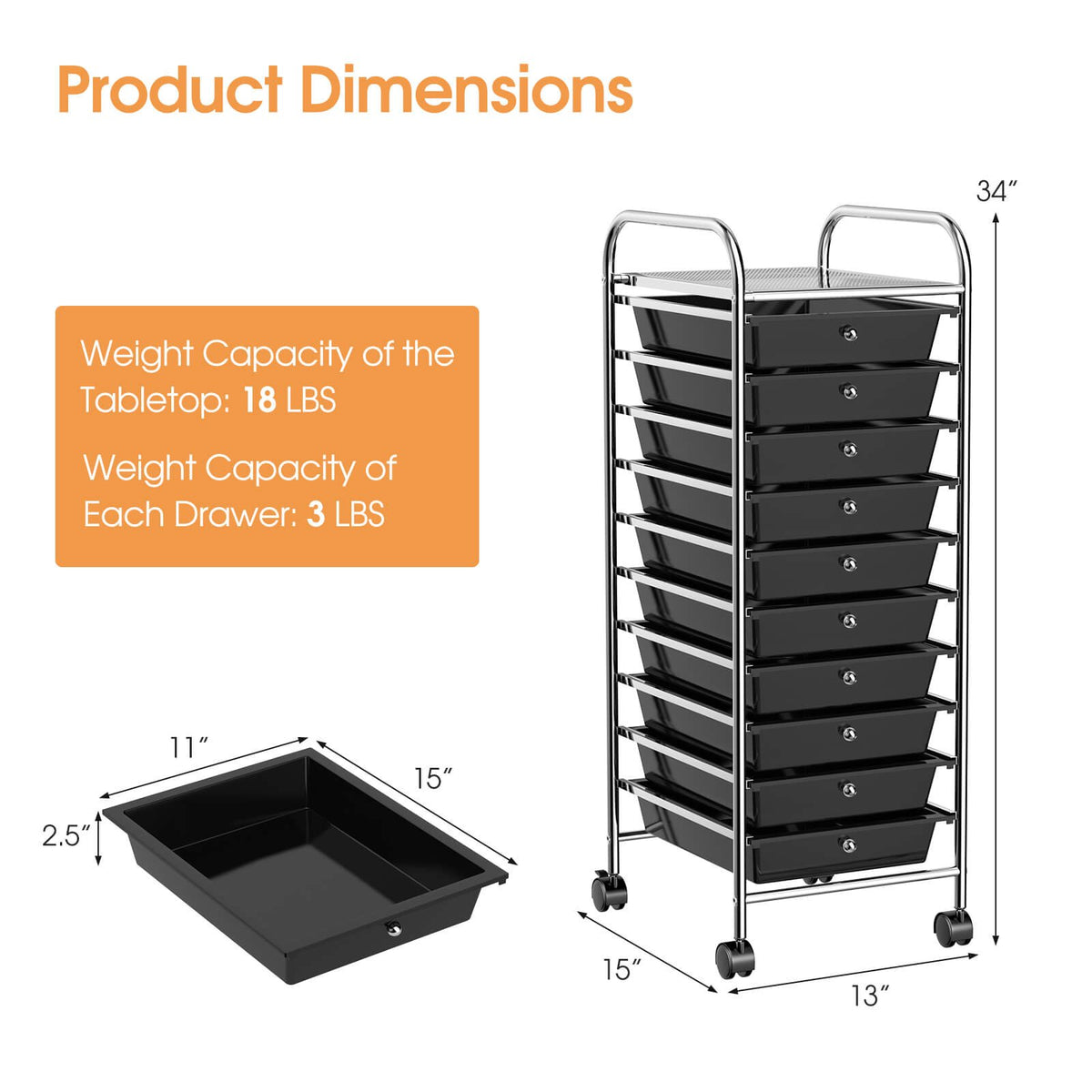 10 Drawer Rolling Storage Cart Organizer with 4 Universal Casters-Black view 5
