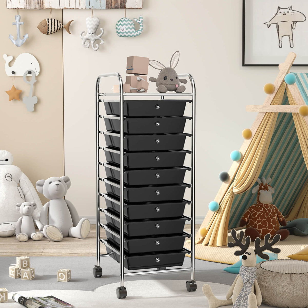 10 Drawer Rolling Storage Cart Organizer with 4 Universal Casters-Black view 7
