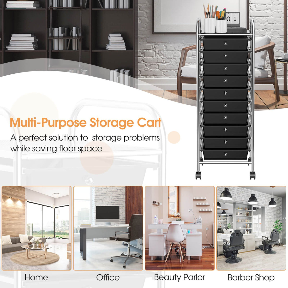 10 Drawer Rolling Storage Cart Organizer with 4 Universal Casters-Black view 9